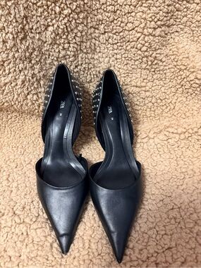 Zara Black Pointed D'Orsay Flats with Silver Studs